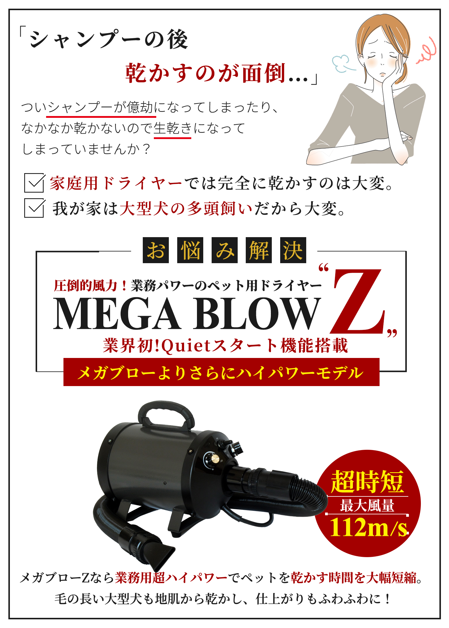 メガブローを超える風力！中型犬・大型犬に最適！業務パワーペットドライヤー「メガブローZ」